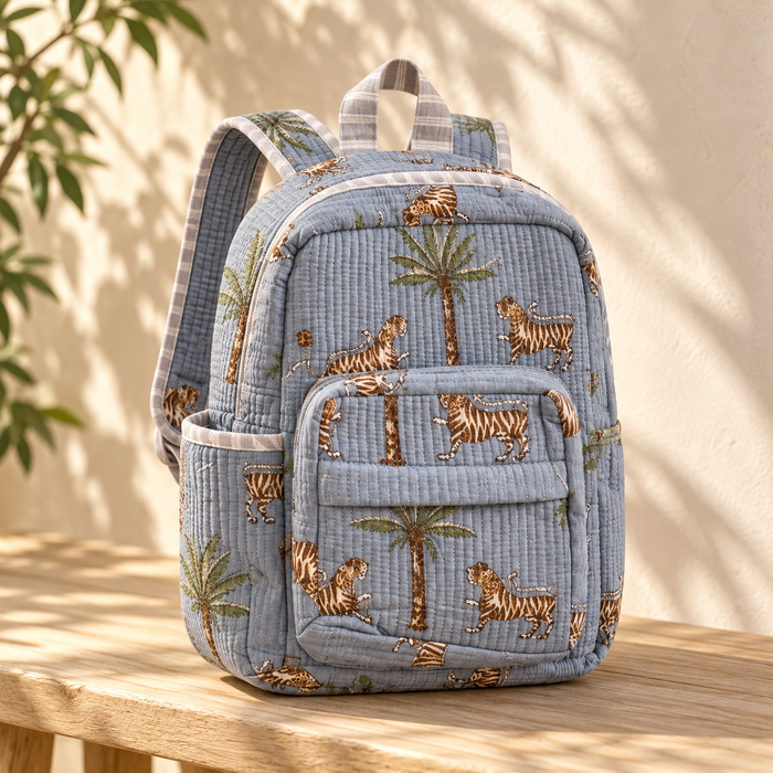 Grey Tiger Print Kinder Multipurpose Kids Backpack – Quilted Cotton
