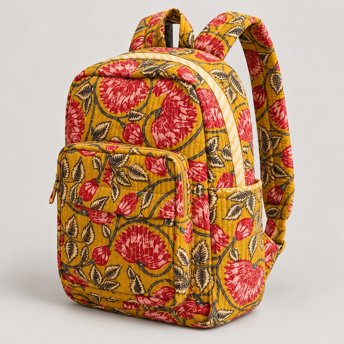 Mustard Floral Print Kinder Multipurpose Kids Backpack – Quilted Cotton