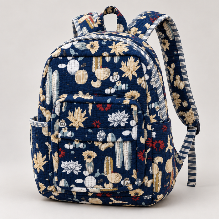 Navy Cactus Print Kinder Multipurpose Kids Backpack – Quilted Cotton