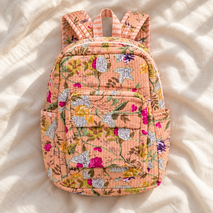 Peach Wildflower Print Kinder Multipurpose Kids Backpack – Quilted Cotton