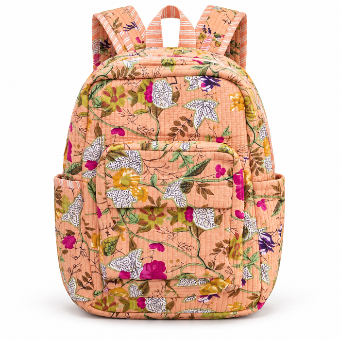 Peach Wildflower Print Kinder Multipurpose Kids Backpack – Quilted Cotton