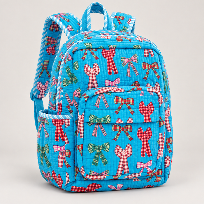 Sky Blue Bow Print Kinder Multipurpose Kids Backpack – Quilted Cotton