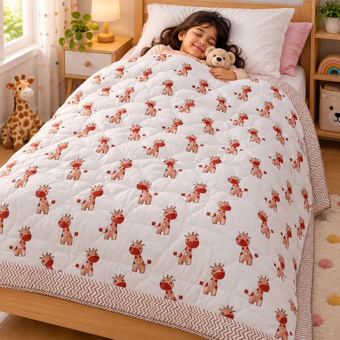 Terracotta Giraffe Print Soft Malmal Kids Single Bed Razai – 100% Cotton