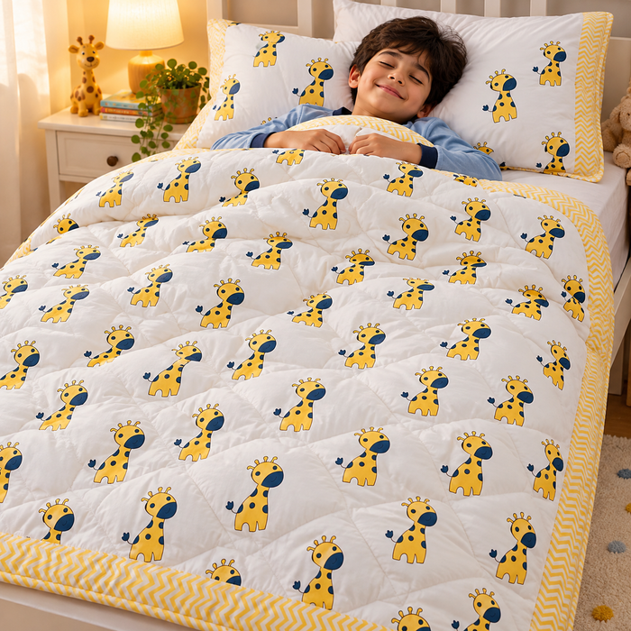 Yellow Giraffe Print Soft Malmal Kids Single Bed Razai – 100% Cotton