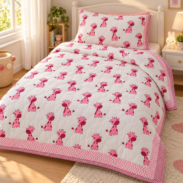 Pink Giraffe Print Soft Malmal Kids Single Bed Razai – 100% Cotton