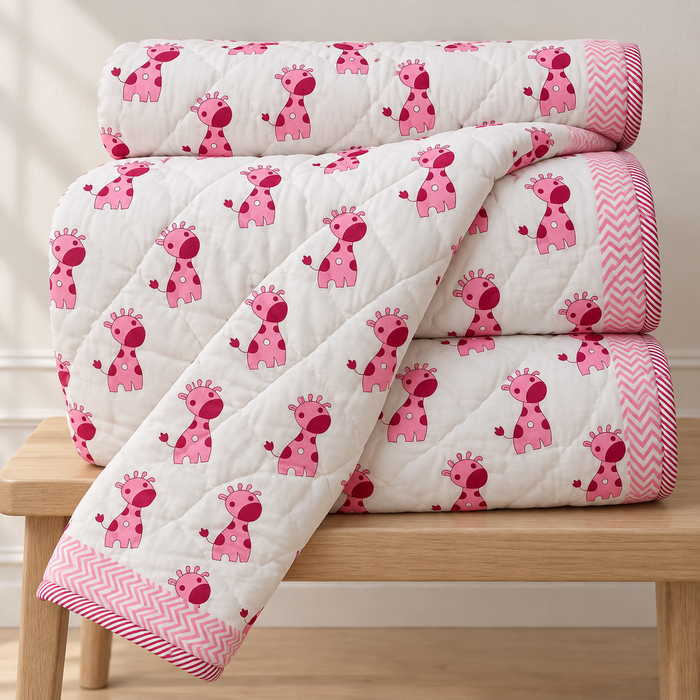 Pink Giraffe Print Soft Malmal Kids Single Bed Razai – 100% Cotton