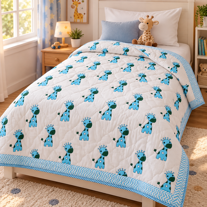 Sky Blue Giraffe Print Soft Malmal Kids Single Bed Razai – 100% Cotton