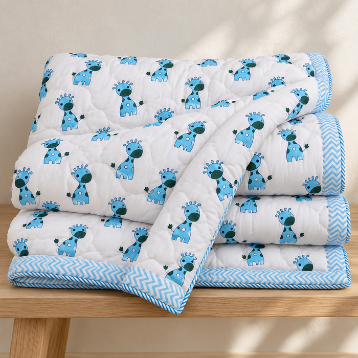 Sky Blue Giraffe Print Soft Malmal Kids Single Bed Razai – 100% Cotton