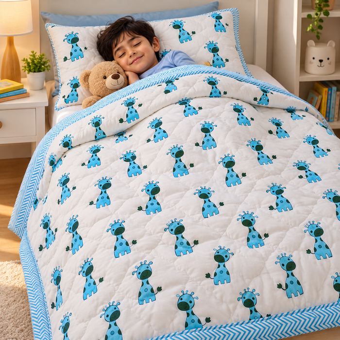 Sky Blue Giraffe Print Soft Malmal Kids Single Bed Razai – 100% Cotton