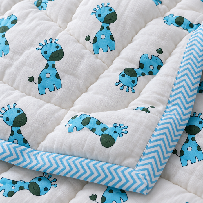 Sky Blue Giraffe Print Soft Malmal Kids Single Bed Razai – 100% Cotton