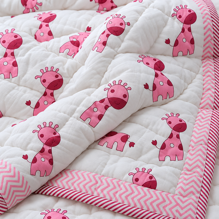 Pink Giraffe Print Soft Malmal Kids Single Bed Razai – 100% Cotton