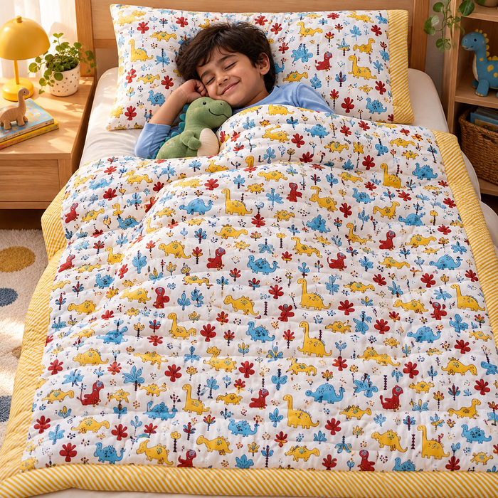 Yellow Dino Print Soft Malmal Kids Single Bed Razai – 100% Cotton