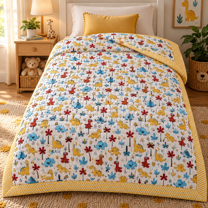 Yellow Dino Print Soft Malmal Kids Single Bed Razai – 100% Cotton