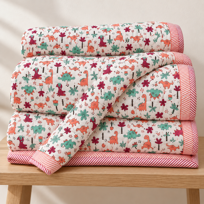Pink Dino Print Soft Malmal Kids Single Bed Razai – 100% Cotton