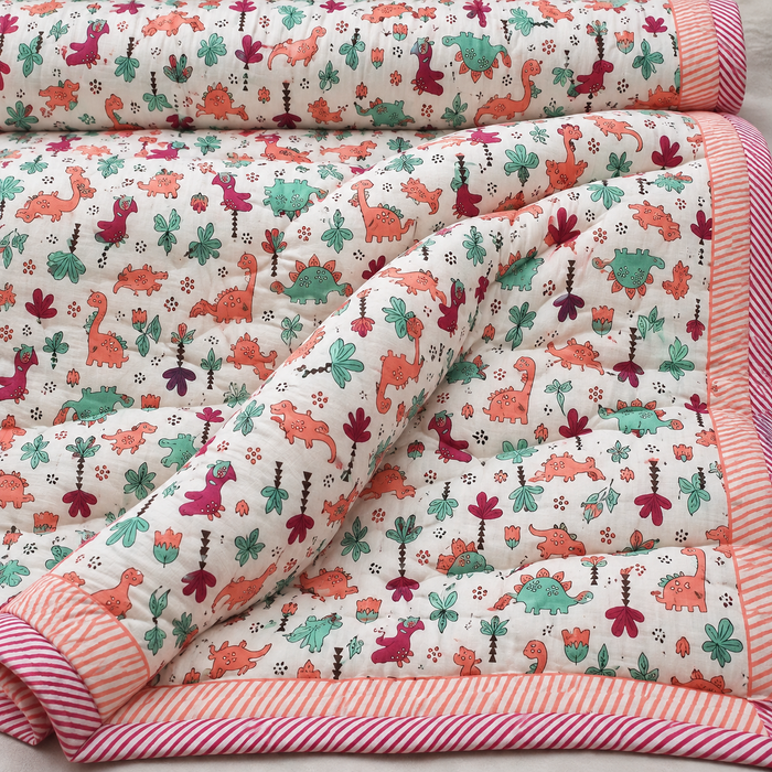Pink Dino Print Soft Malmal Kids Single Bed Razai – 100% Cotton