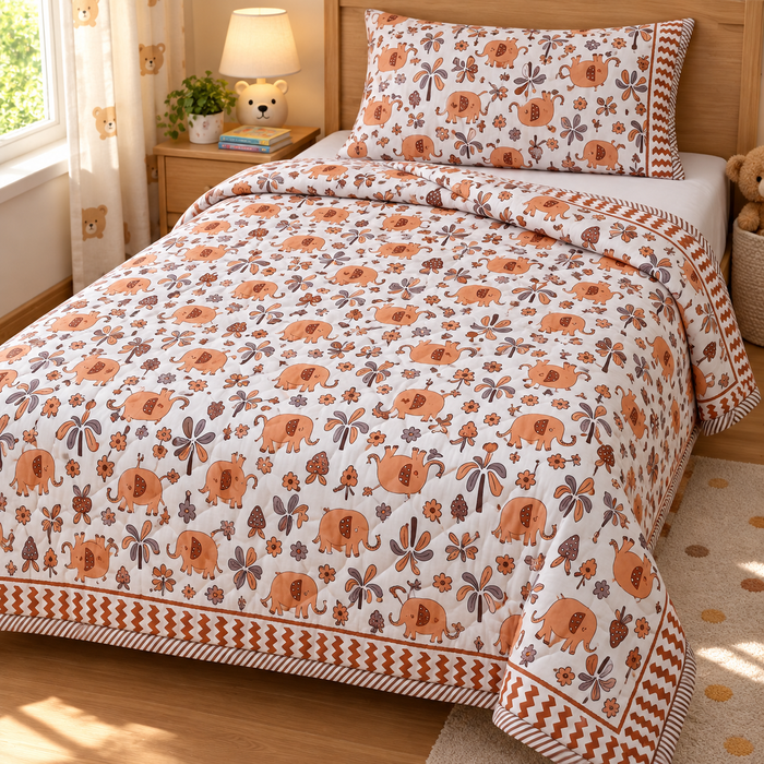 Rust Elephant Print Soft Malmal Kids Single Bed Razai – 100% Cotton