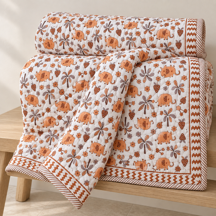 Rust Elephant Print Soft Malmal Kids Single Bed Razai – 100% Cotton
