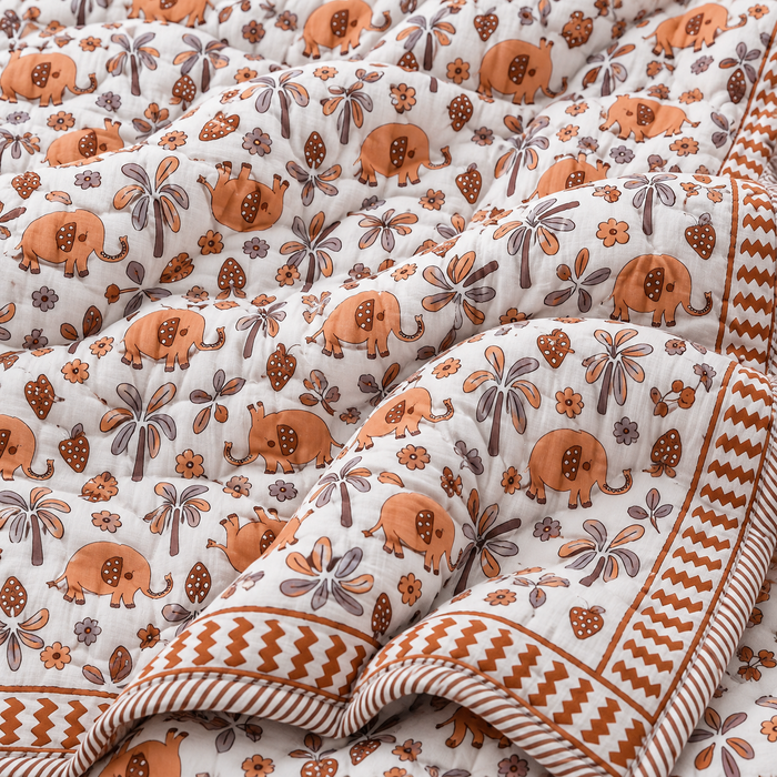 Rust Elephant Print Soft Malmal Kids Single Bed Razai – 100% Cotton