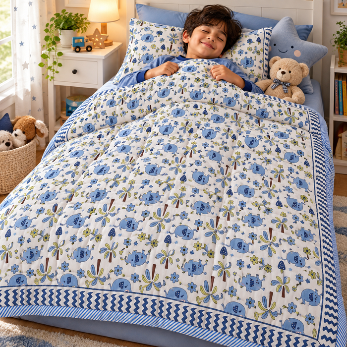 Blue Elephant Print Soft Malmal Kids Single Bed Razai – 100% Cotton