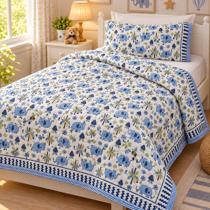 Blue Elephant Print Soft Malmal Kids Single Bed Razai – 100% Cotton