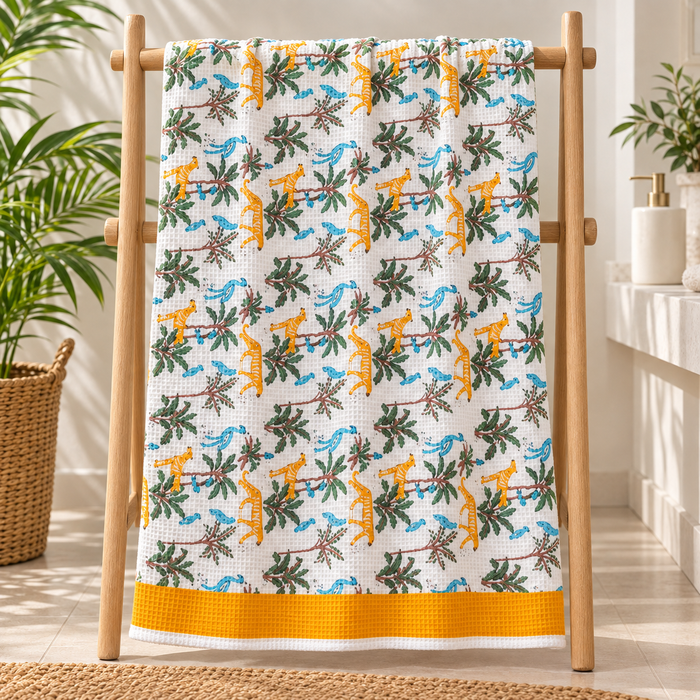 Blue Bird Jungle Print Hand Block Printed Kids Bath Towel – Waffle Cotton