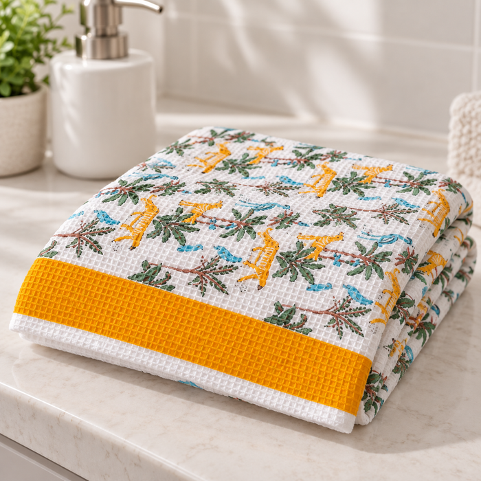 Blue Bird Jungle Print Hand Block Printed Kids Bath Towel – Waffle Cotton