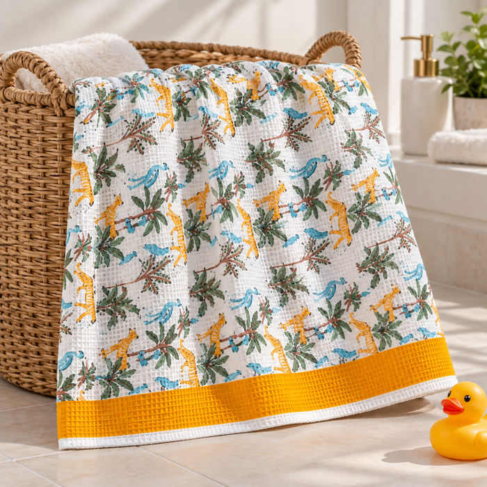 Blue Bird Jungle Print Hand Block Printed Kids Bath Towel – Waffle Cotton