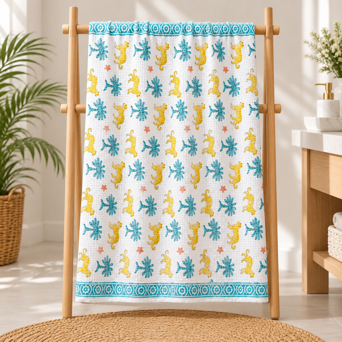 Yellow Leopard Print Hand Block Printed Kids Bath Towel – Waffle Cotton