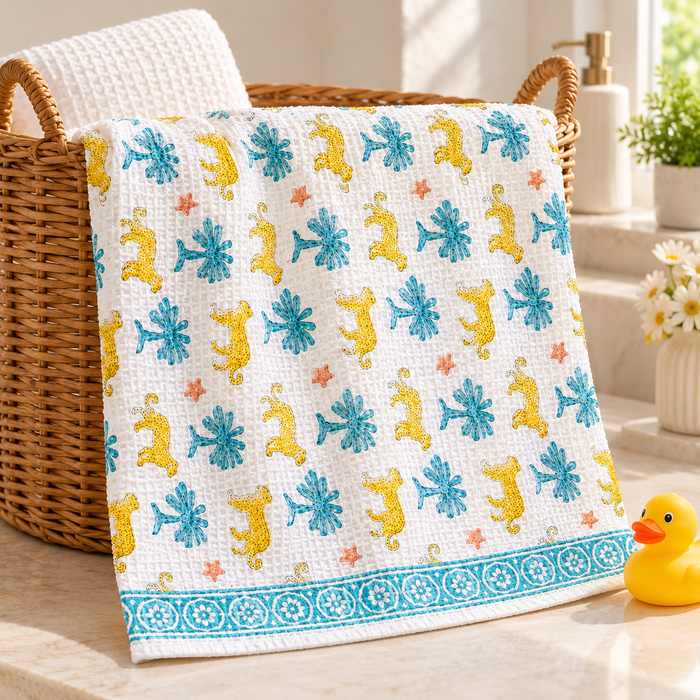 Yellow Leopard Print Hand Block Printed Kids Bath Towel – Waffle Cotton
