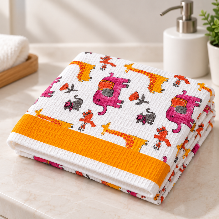 Giraffe Elephant Print Hand Block Printed Kids Bath Towel – Waffle Cotton