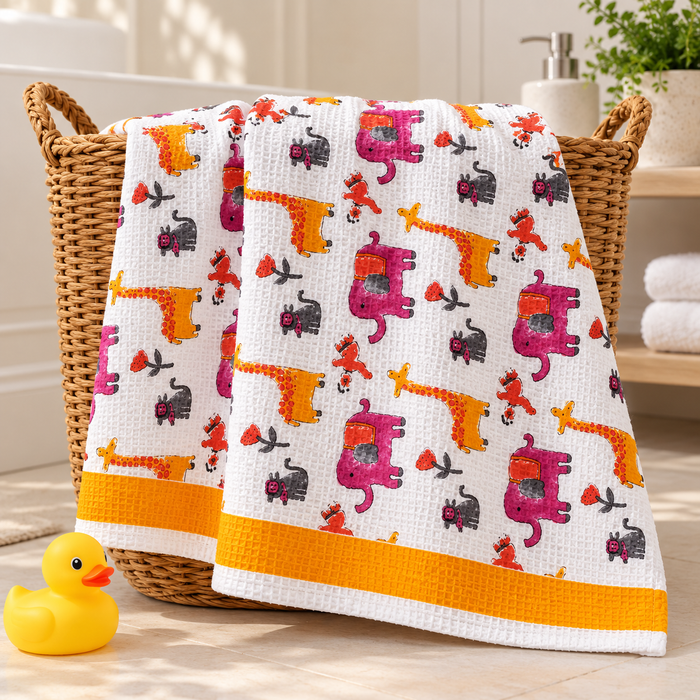 Giraffe Elephant Print Hand Block Printed Kids Bath Towel – Waffle Cotton