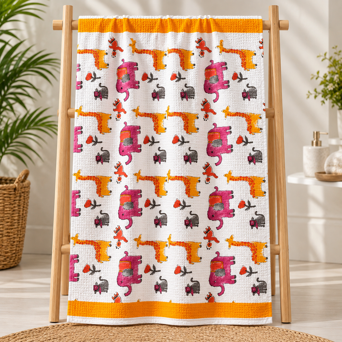 Giraffe Elephant Print Hand Block Printed Kids Bath Towel – Waffle Cotton