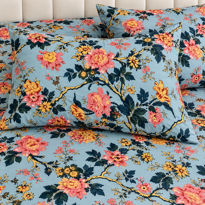 Coral Peony Blue Floral Cotton King Size Bedsheet with 2 Pillow Covers – 100 x 108 Inches