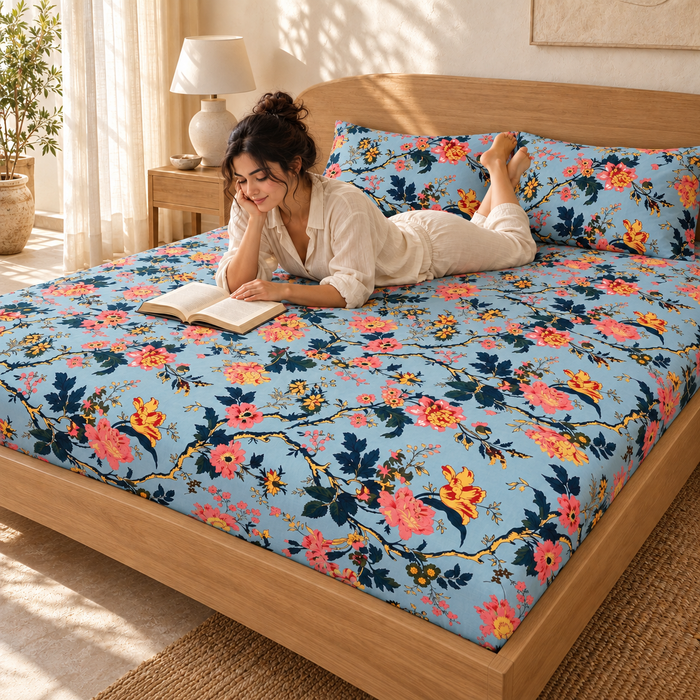 Coral Peony Blue Floral Cotton King Size Bedsheet with 2 Pillow Covers – 100 x 108 Inches
