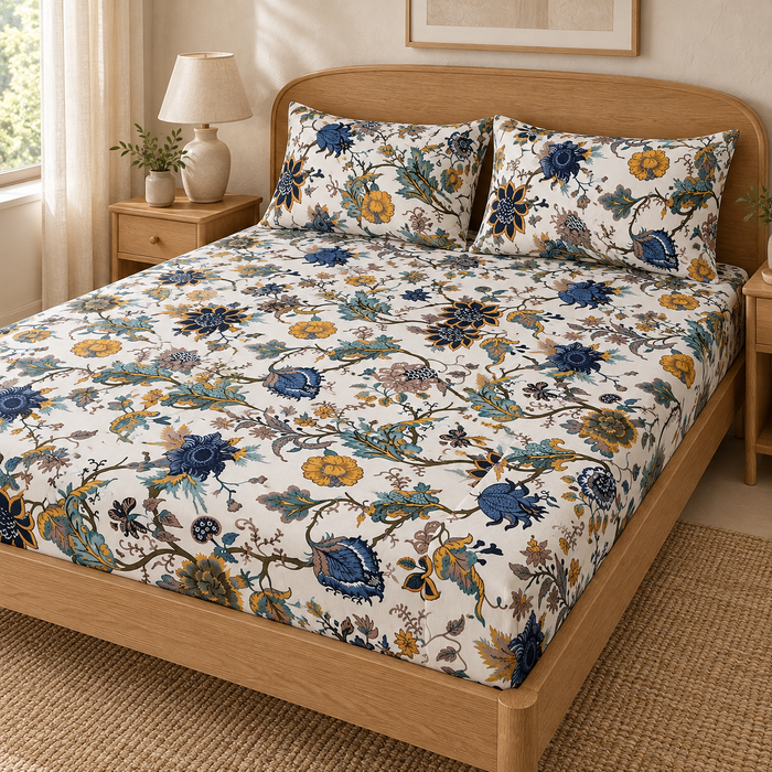 Indigo Mustard Floral Cotton King Size Bedsheet with 2 Pillow Covers – 100 x 108 Inches