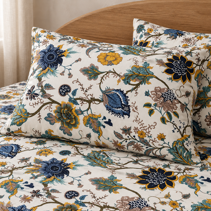 Indigo Mustard Floral Cotton King Size Bedsheet with 2 Pillow Covers – 100 x 108 Inches