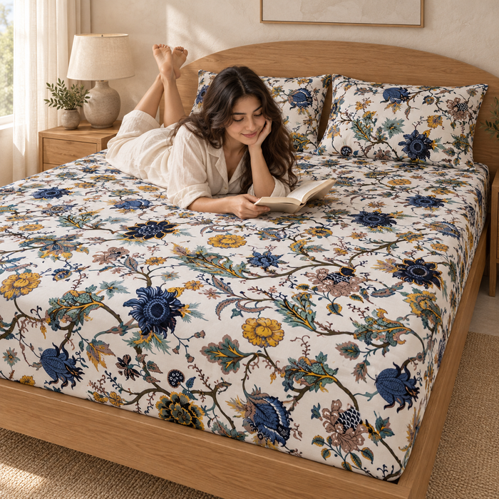 Indigo Mustard Floral Cotton King Size Bedsheet with 2 Pillow Covers – 100 x 108 Inches