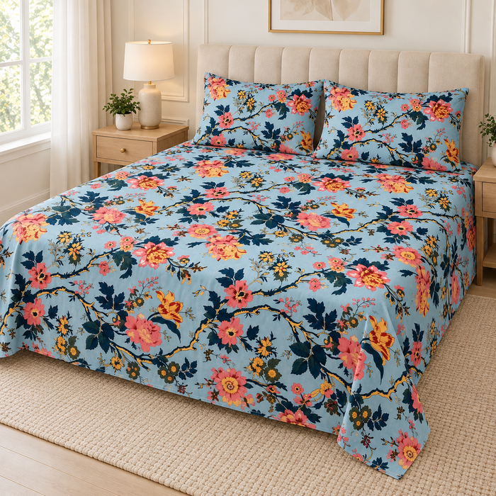 Coral Peony Blue Floral Cotton King Size Bedsheet with 2 Pillow Covers – 100 x 108 Inches