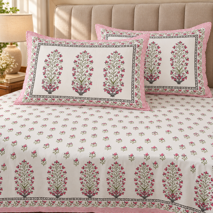 Pink Bouquet Buti Floral Cotton King Size Bedsheet with 2 Pillow Covers – 108 x 108 Inches