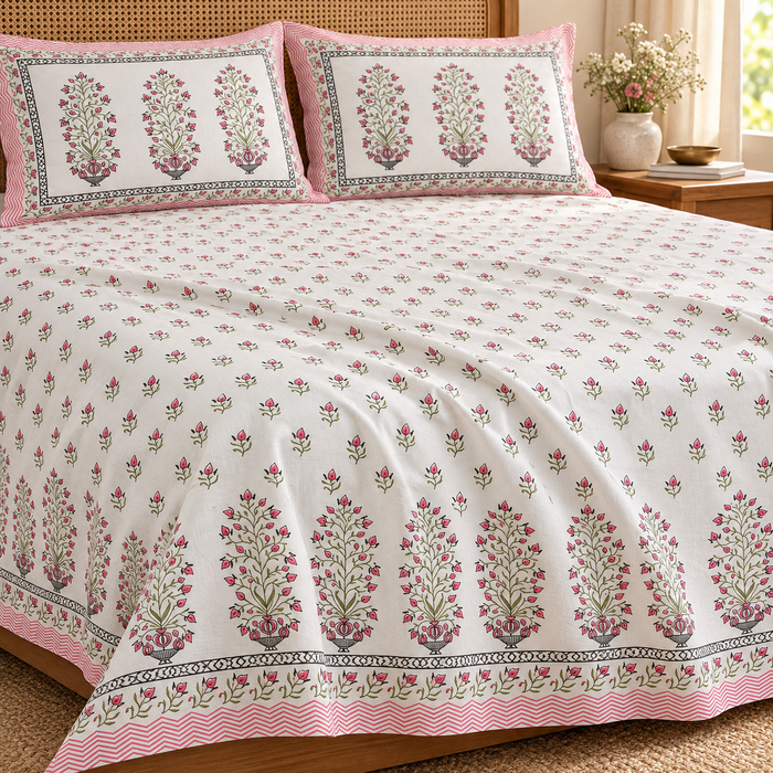 Pink Bouquet Buti Floral Cotton King Size Bedsheet with 2 Pillow Covers – 108 x 108 Inches