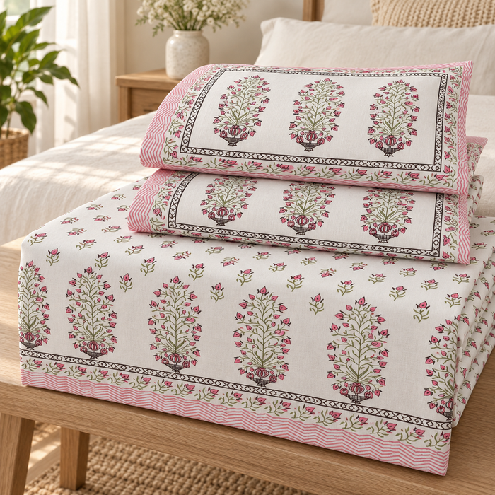 Pink Bouquet Buti Floral Cotton King Size Bedsheet with 2 Pillow Covers – 108 x 108 Inches