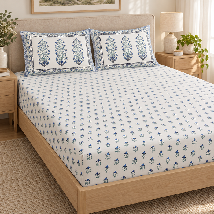 Blue Bouquet Buti Floral Cotton King Size Bedsheet with 2 Pillow Covers – 108 x 108 Inches