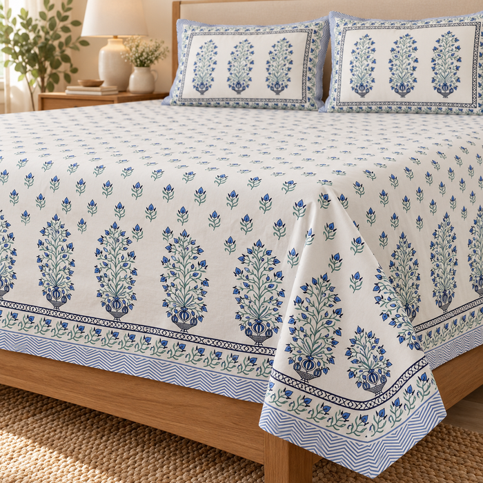 Blue Bouquet Buti Floral Cotton King Size Bedsheet with 2 Pillow Covers – 108 x 108 Inches