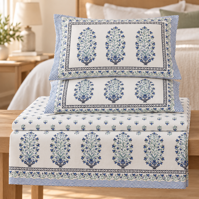 Blue Bouquet Buti Floral Cotton King Size Bedsheet with 2 Pillow Covers – 108 x 108 Inches