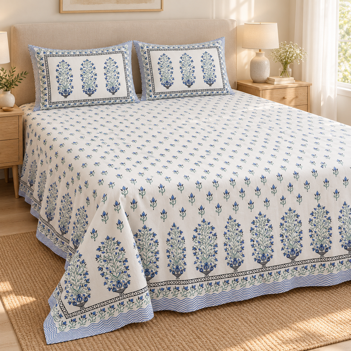 Blue Bouquet Buti Floral Cotton King Size Bedsheet with 2 Pillow Covers – 108 x 108 Inches