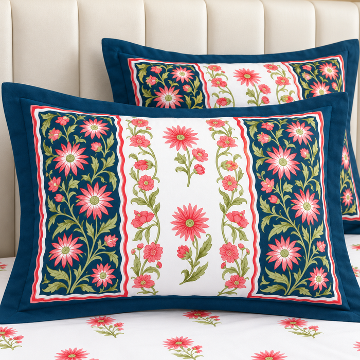 Teal Coral Daisy Cotton King Size Bedsheet with 2 Pillow Covers – 108 x 108 Inches