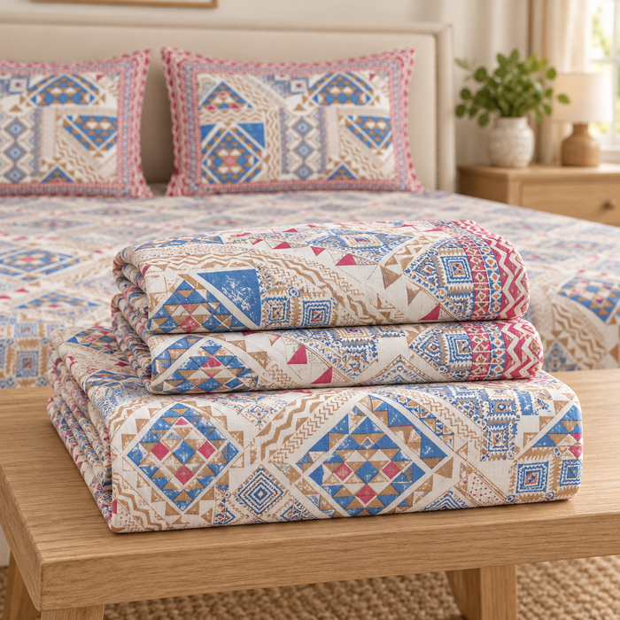 Blue Geometric Patchwork Cotton King Size Bedsheet with 2 Pillow Covers – 108 x 108 Inches