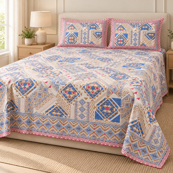 Blue Geometric Patchwork Cotton King Size Bedsheet with 2 Pillow Covers – 108 x 108 Inches