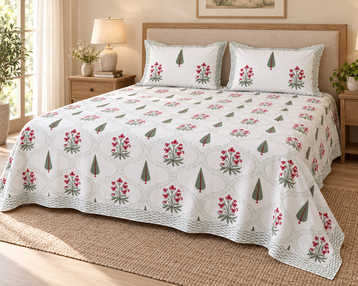 Pink Floral Cypress Trellis Cotton King Size Bedsheet with 2 Pillow Covers – 108 x 108 Inches