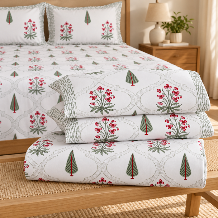 Pink Floral Cypress Trellis Cotton King Size Bedsheet with 2 Pillow Covers – 108 x 108 Inches